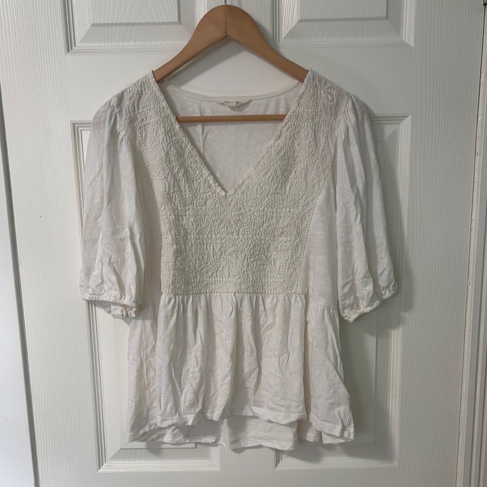 Lucky Brand White Puff Sleeve Smocked Peplum Blouse
